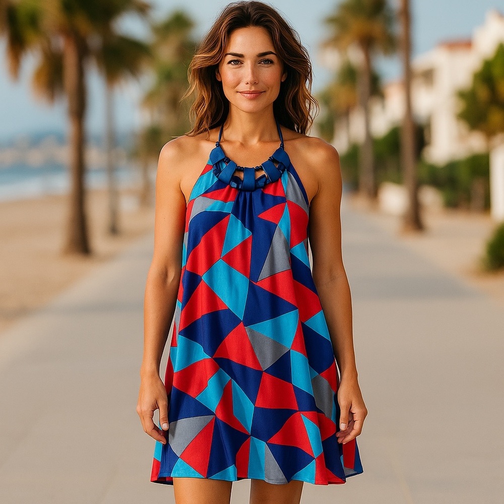 Women’s Multicolor Halter Dress – Light & Dark Blue, Red – Wooden Necklace